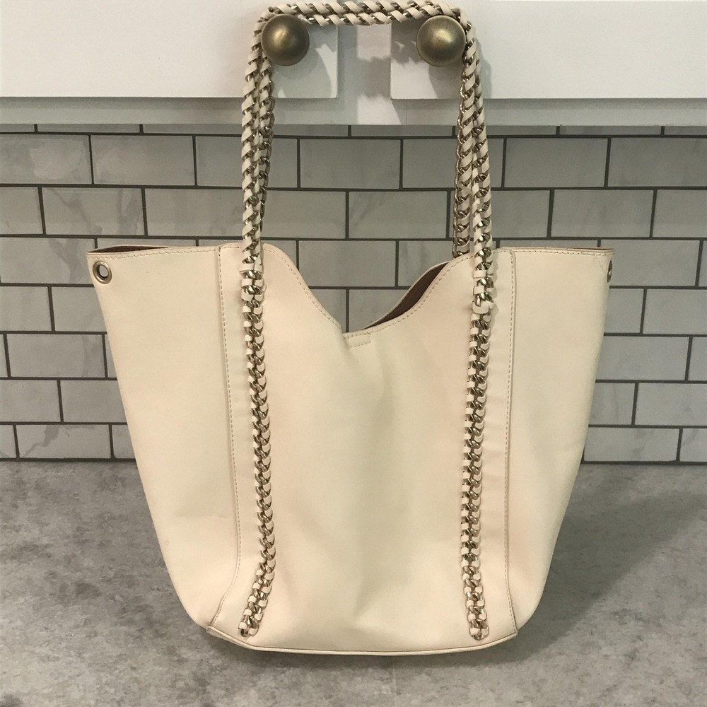 Cream Shoulder Tote Bag Large Ivory Gold Tone Chain Hobo Purse